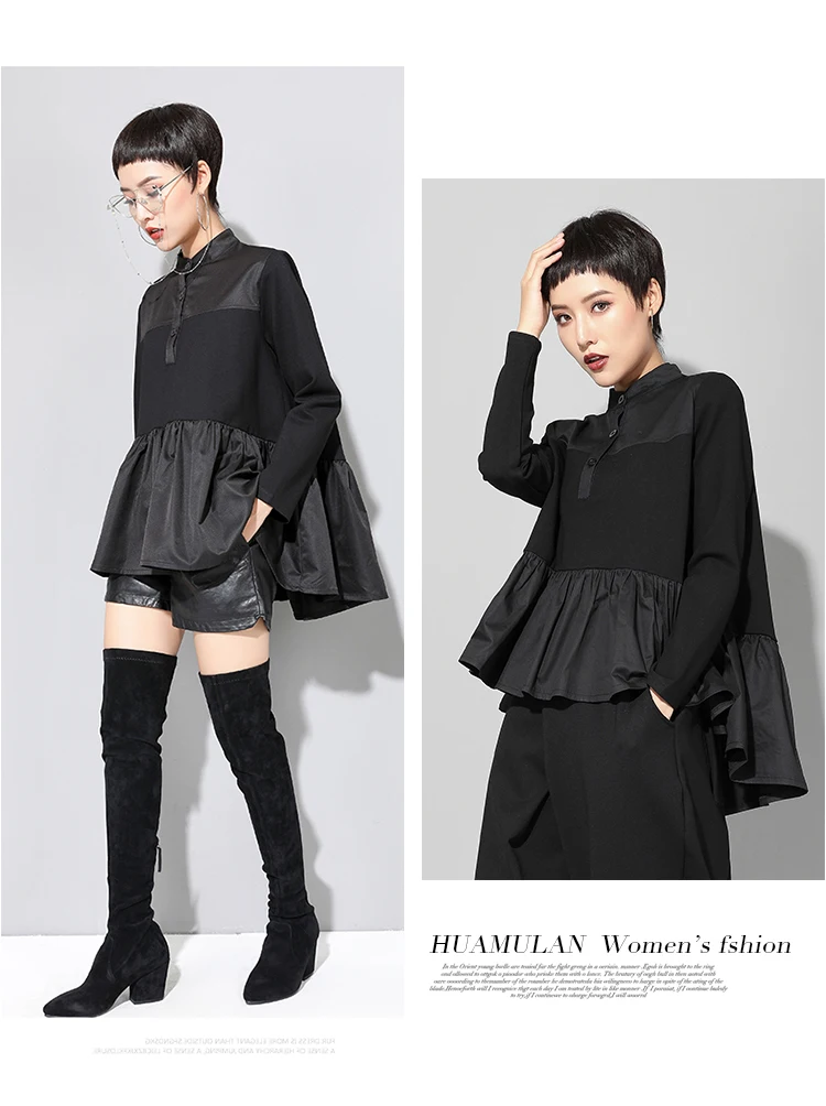 New Autumn Winter Stand Collar Long Sleeve Black Loose Hem Pleated Stitch Irregular T-shirt Women Fashion Tide WT18