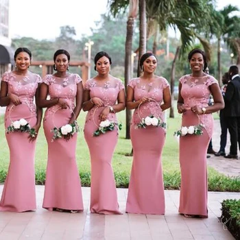 

Vestidos De Festa Tank Sleeve Ruched Mermaid Bridesmaid Dresses Simple Short Sleeve O-neck Floor Length Party Gown Robe