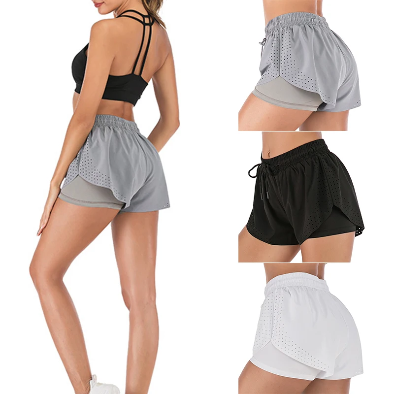 

Newly Women Anti-light Double-layer Fake Two Pieces Pants Quick-drying Shorts Fitness Pants