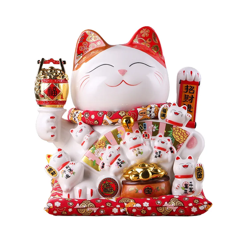 

Ceramic Lucky Cat Large Good Fortune Cute Smiling Face Waving Paw Ornament Store Opening Gift