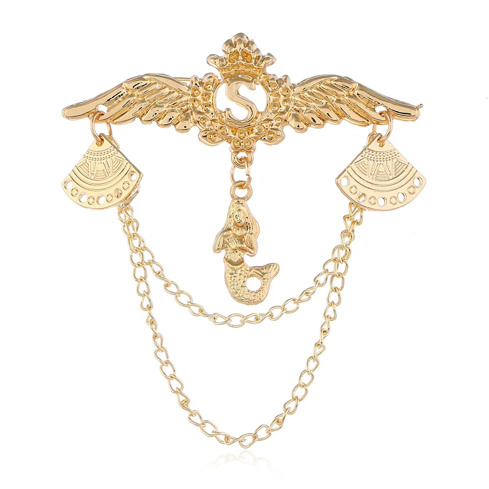 

Angel Wings MEN'S Suit Brooch Badge Europe And America Retro Mermaid Pendant Chain Multilayer Brooch Brooch