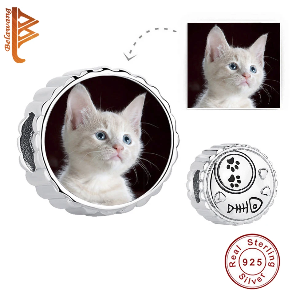 

BELAWANG Genuine 925 Sterling Silver Animal Cat Love Fish Custom Photo Charm Bead Fit Bracelet Necklace DIY Personalized Jewelry