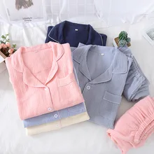 

Japanese Style Spring and Autumn New Couple Cotton Crepe Suit Long-sleeved Trousers Women's Pajamas Solid Color Home Service Men