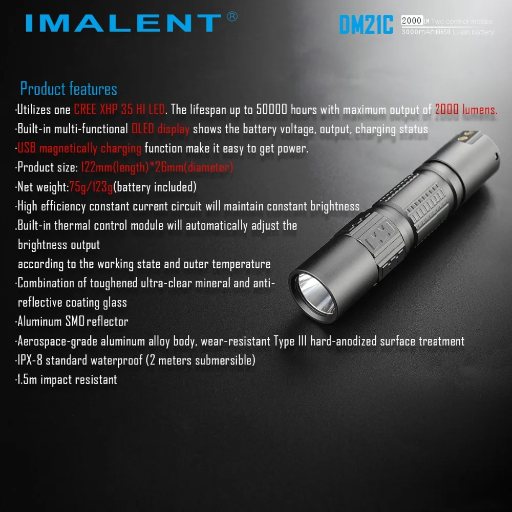 IMALENT DM21C дизайн светодиодный фонарик Cree XHP35 O светодиодный дисплей 2000лм мини тактический фонарь Magetic USB 18650 батарея