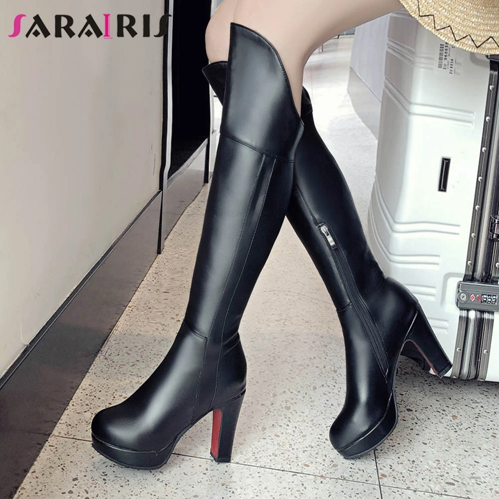 

SARAIRIS Big Size 33-43 New Fashion Knee High Boots Women 2019 Party Office Ladies Square High Heels Platform Shoes Woman