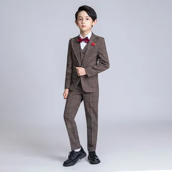 

YuanLu New Boys Suits Wedding Party Blazer Jacket Kids Suits Formal Costume Coffee Lattice Children Clothes British Style