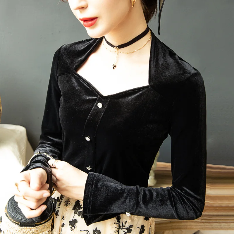 

Spring Temperament Square Collar Top Solid Color Tight-fitting Fashion Slim-fitting Casual Long-sleeved T-shirt New