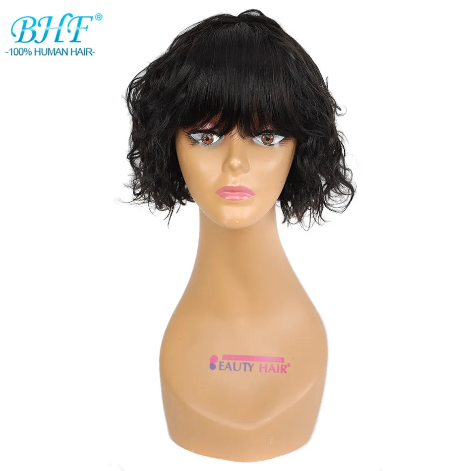 BHF Curly Human Hair Wigs with Bangs Fringe Wig 100% Natural Remy Brazilian Glueless Full Machine Wig