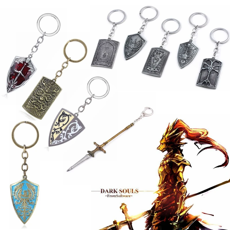 

Wholesale 20pcs Dark Souls Weapon Model Keychain Bloodshield Grass Crest Golden Wing Crest Shield Key Chains for Men Keyring