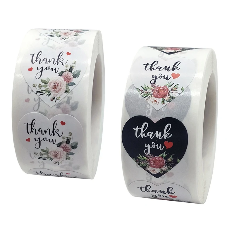 500pcs/roll Heart Floral Cute Decorative Sticker Thank You Stickers Seal Labels for Business Package Envelope Stationery Sticker