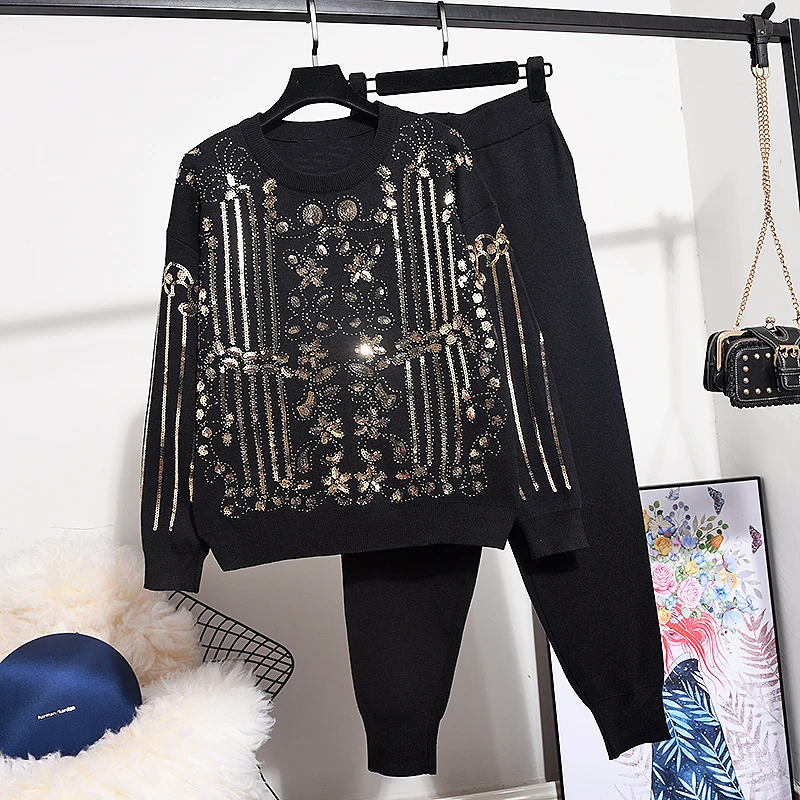 knit Set Women Autumn Fashion Beading Sequin Loose Long Sleeve Knitted Sweater + Harlan Small Feet Pants 2 Piece Tops | Женская одежда