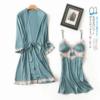 

2PCS Robe Set For Women Lace Bride Bridesmaid Wedding Gown Satin Kimono Bathrobe Gown Summer Sexy Sleepwear Nightgown Homewear