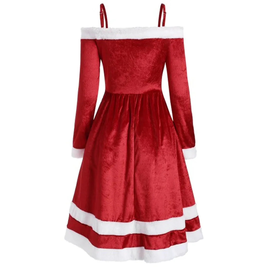 Robe hiver femme, женское платье с открытыми плечами, с меховой отделкой, с поясом, украшенное бархатным рождественским платьем, зимнее платье, vestidos ropa mujer