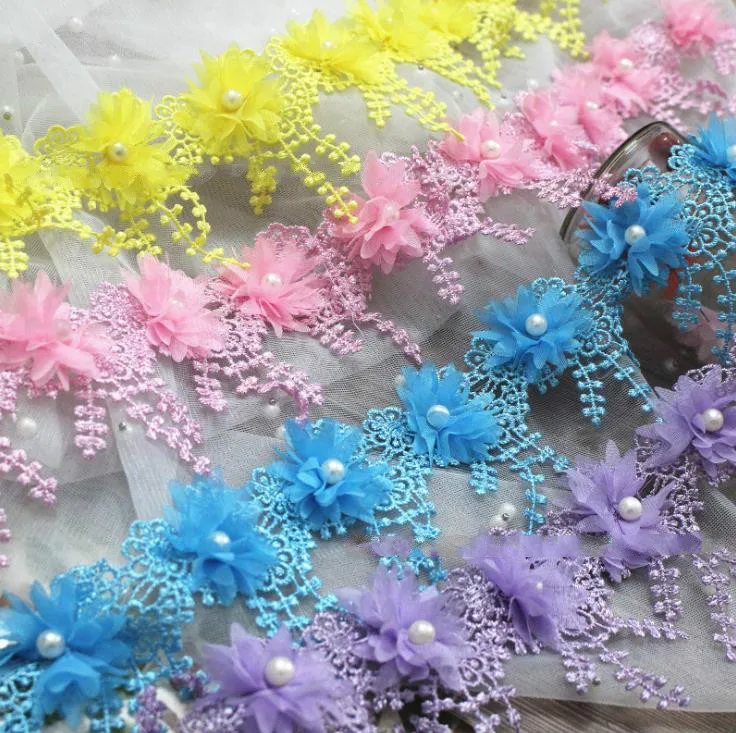 1Yard(15Pcs Flower) 8CM 3D Chiffon Rose Lace Trim Flower With Pearl Wedding Dress Deco Tassel Patch DIY Craft lace garment accessories lace sewing supplies lace decoration lace accessories lace sewing accessories clothing accessories