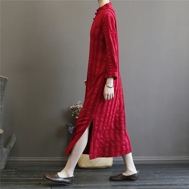 Johnature винтажное льняное платье Cheongsam осеннее Новое Полосатое платье с длинным рукавом в китайском стиле женское платье на пуговицах