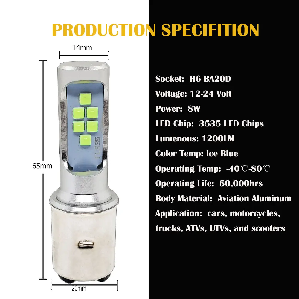 Фара для мотоцикла H6 BA20D светодиодный Canbus 12SMD 1200LM Дальний свет фара скутера
