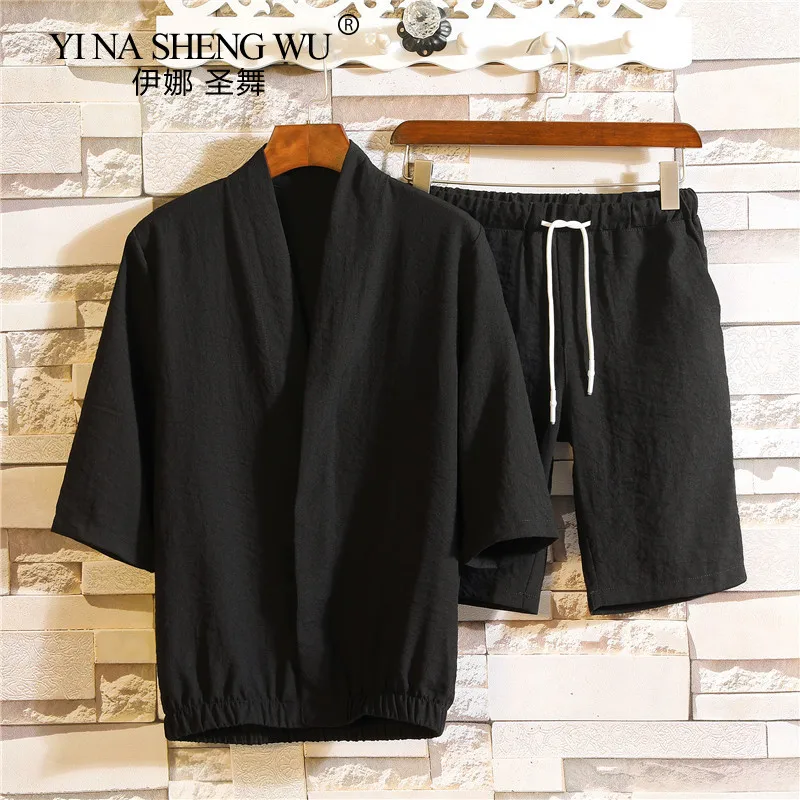 

New Japanese Style Suits Kimono T-shirt Pants Two Piece Men Tops Trousers Male Japan Harajuku Yukata Cardigan Top Shorts Costume