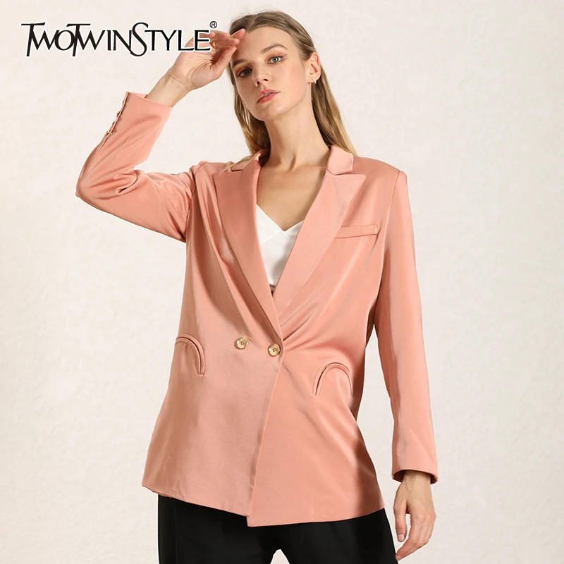 

TWOTWINSTYLE Satin Blazer For Women Notched Collar Long Sleeve Elegant Large Size Coats Female Autumn 2019 Fashion New Clothing