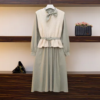 

HAMALIEL Spring Autumn Chiffon Wave Point Bow Long Sleeve Dress Two Piece Set + Solid Color Knitted Belt Vest Fashion Skirt Set