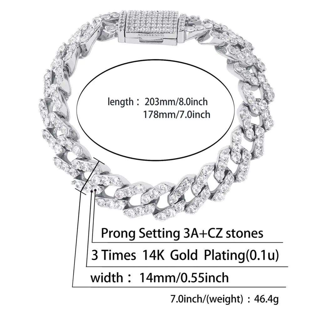 TOPGRILLZ США 7-9 дюймов замок застежка 14 мм тяжелые Iced Out кубинские цепи браслет кубическое цирконовое колечко для мужчин хип хоп ювелирные изделия
