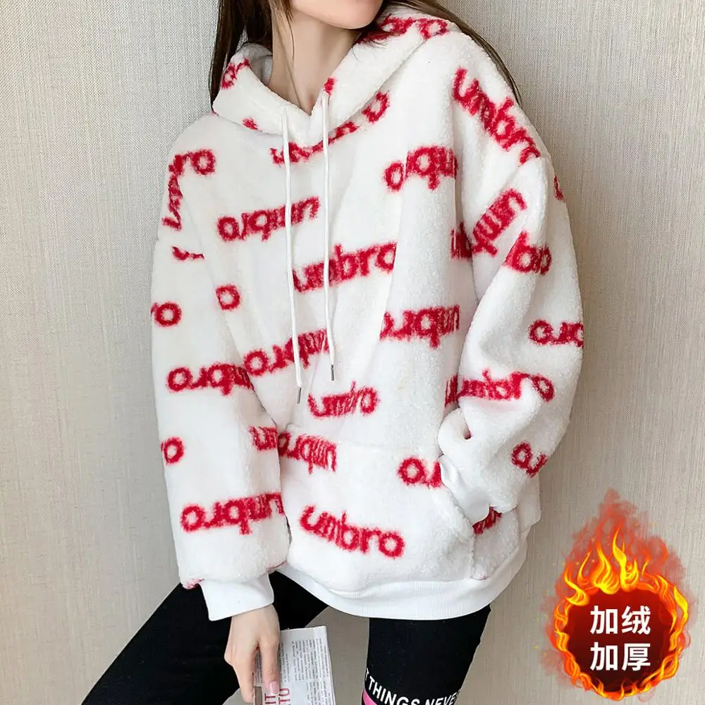 

Autumn Winter Coat Stand Collar Women Women Harajuku Loose Casual Hoodies Ladies Lambswool Fleece Pullover Female Sweatshirt