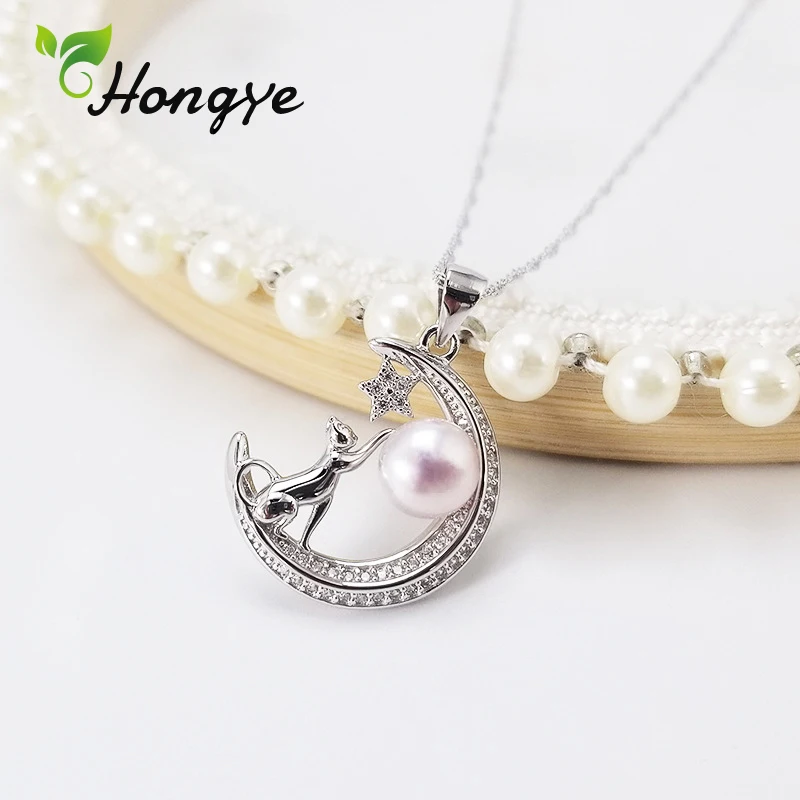 

Hongye Designer Necklaces for Women Little Cat Natural Pearl Neck Chains Sensitive Skin Personalized Jewelry Pendant Moon