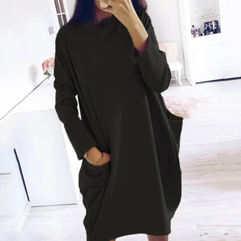 

Simple Solid Colors Dress Plus Size Women Long Sleeve Pockets Tunic Top Ladies Loose Pullover Dress Female Streetwear vestidos