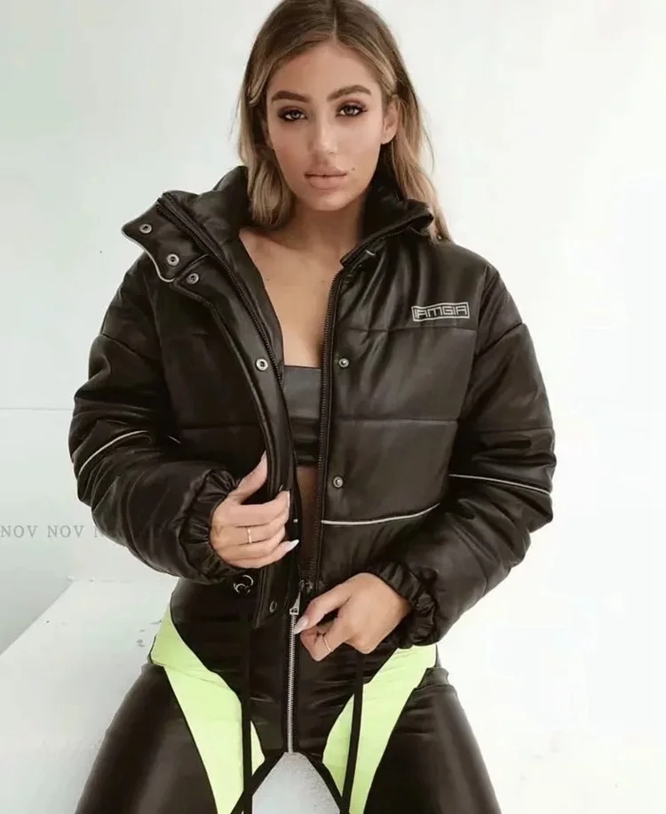 

Europe And America 18 Autumn And Winter New Style Black Stand-up Collar Pu Reflective Open Wire Thick Coat Women's down Coat Dou