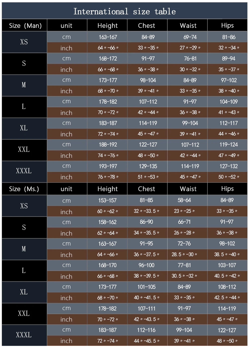 欧美尺寸表英文