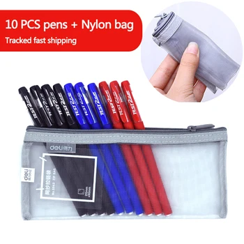 

10 PCS Gel Pens&Soft Nylon Pencil Case Ballpoint 0.5 mm black, blue, red Stationery Pen for school Smoothly writing Fast dry