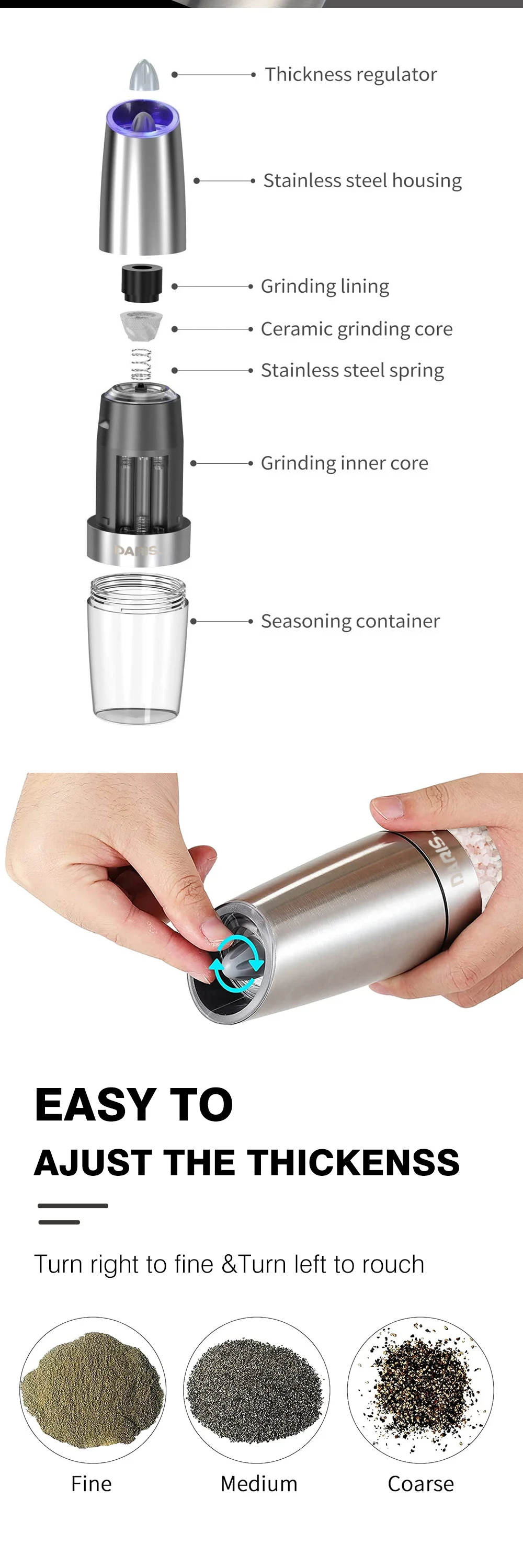 Gravity Electric Pepper Grinder or Salt Grinder Mill【White Light