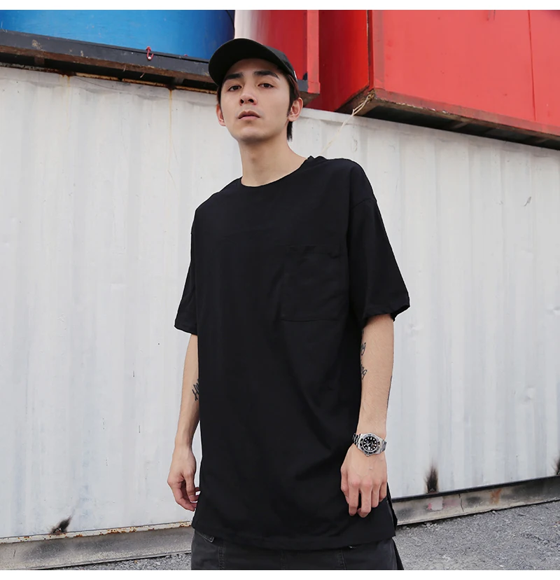 

European and American high street style long split pocket solid color bottoming T-shirt summer trendy men's casual cotton sh