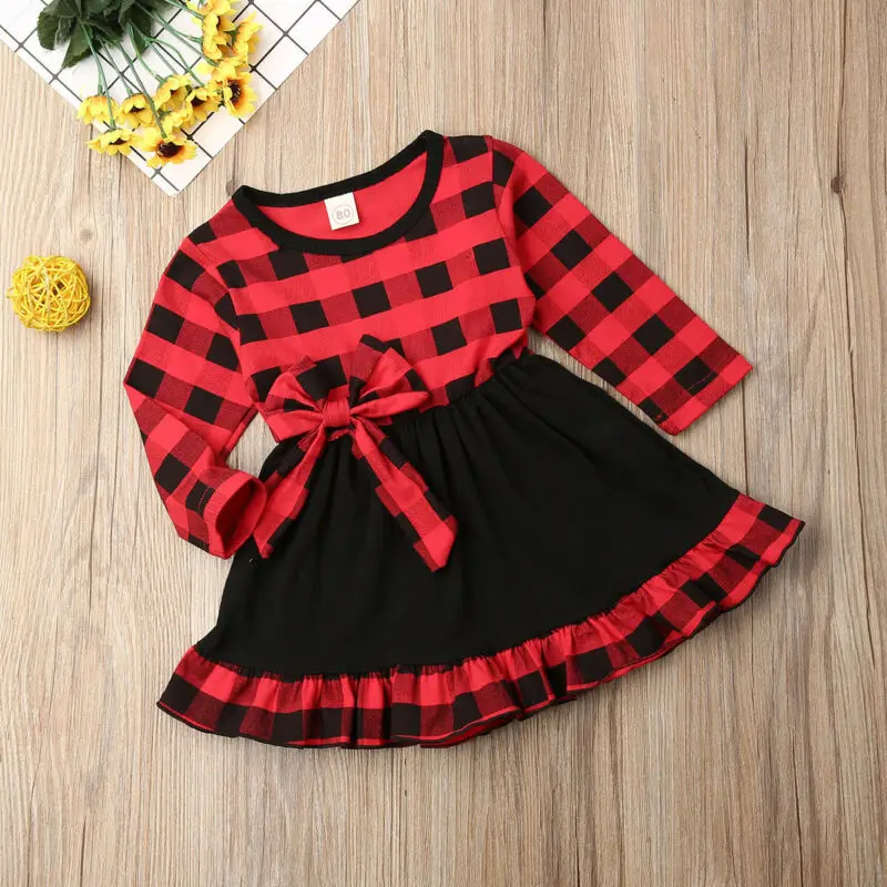 

Toddler Baby Girls Christmas Clothes Plaid Ruffle Party Tutu Long Sleeve Dress