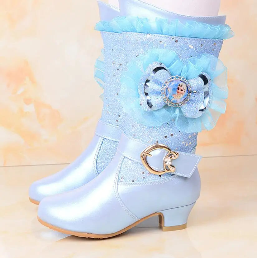 as pictures New Princess Elsa Boots Girls Pink Glitter Girls Shoes High Heels Autumn Winter Girls High Boots Velvet For Party Shoes - Цвет: as pictures