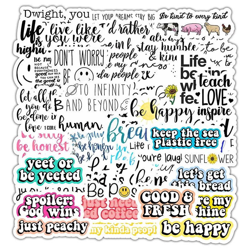 

50pcs English Letters Inspirational Quotes Cartoon Sticker For Laptop Computer Skateboard Case Helmet Toy Stickers F5