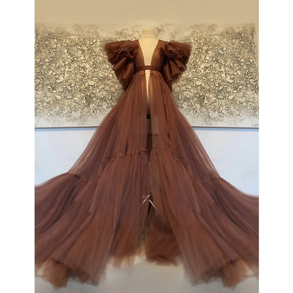 Sexy Bridal Maternity Robes Burgundy Ruffled Short Sleeve Floor Length Long Tulle Sheer Party Dress For Photo Shoot Custom Made80