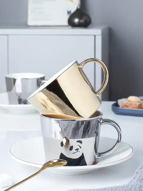 Creative Reflection Coffee Cup And Saucer Gold Sliver Mirror Cup
