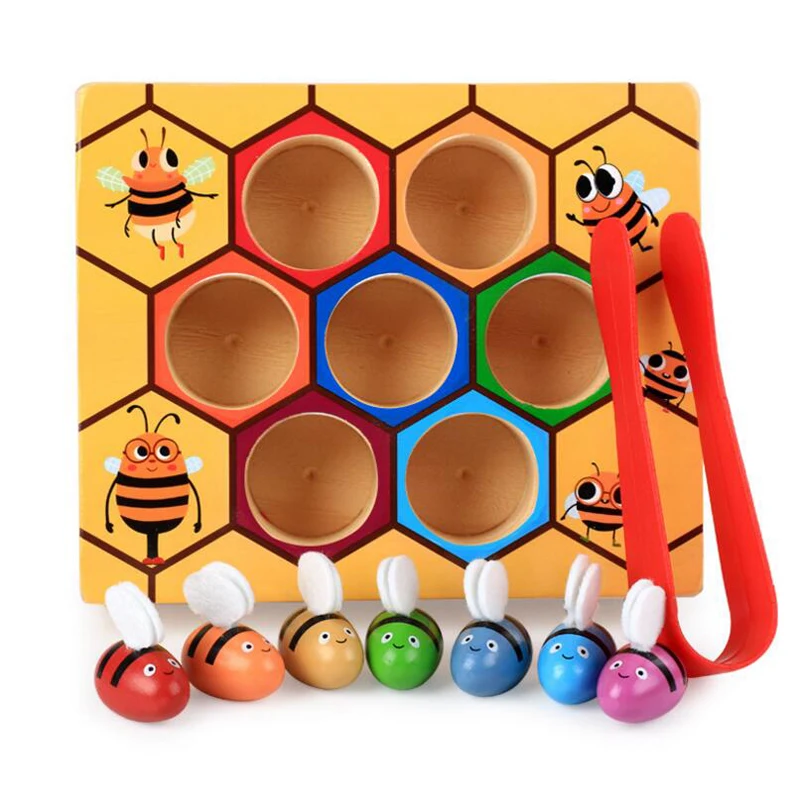 

Wooden Toy Building Block Leaning Education Montessori Hardworking Bee Hive Games for Children Clip Toys