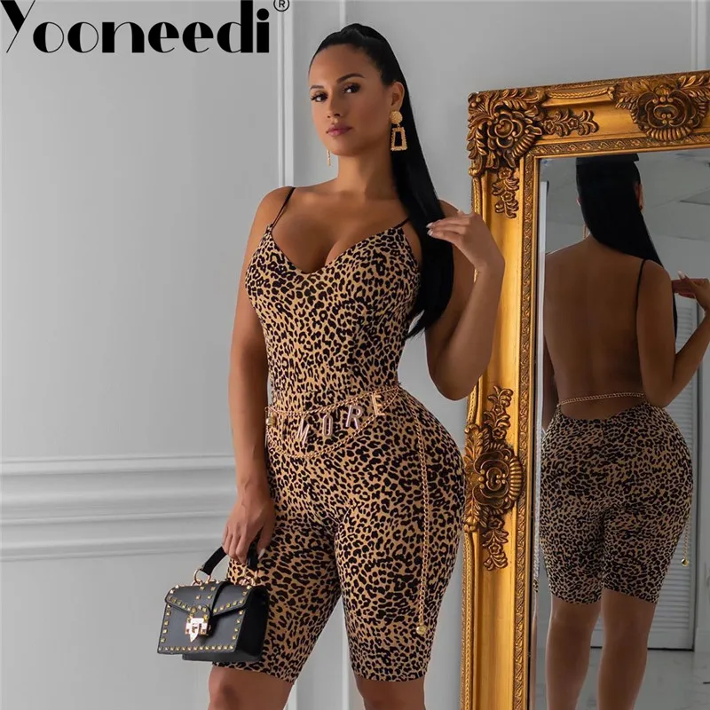 

Yooneedi 2019 Summer Design Sexy Women Playsuits 3 Color Leopard Spaghetti Strap Backless Ladies Rompers LO-6224