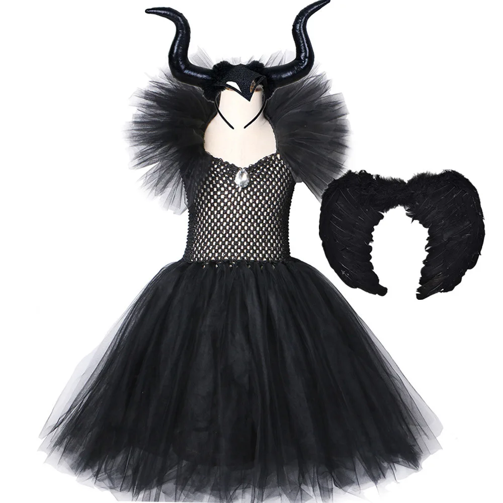 Платье ведьмы Maleficent Детский костюм для Хэллоуина черное платье-пачка с V-образным