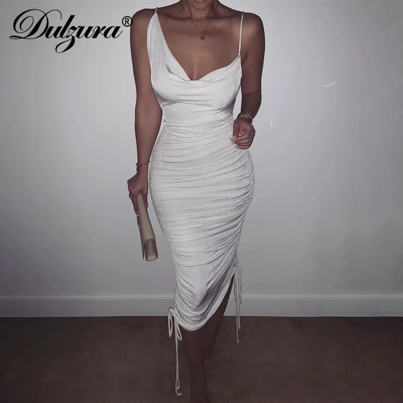 Dulzura ruched drawstring bandage women midi dress bodycon sexy strap elegant party 2020 summer clothes club outfit evening|Dresses| - AliExpress