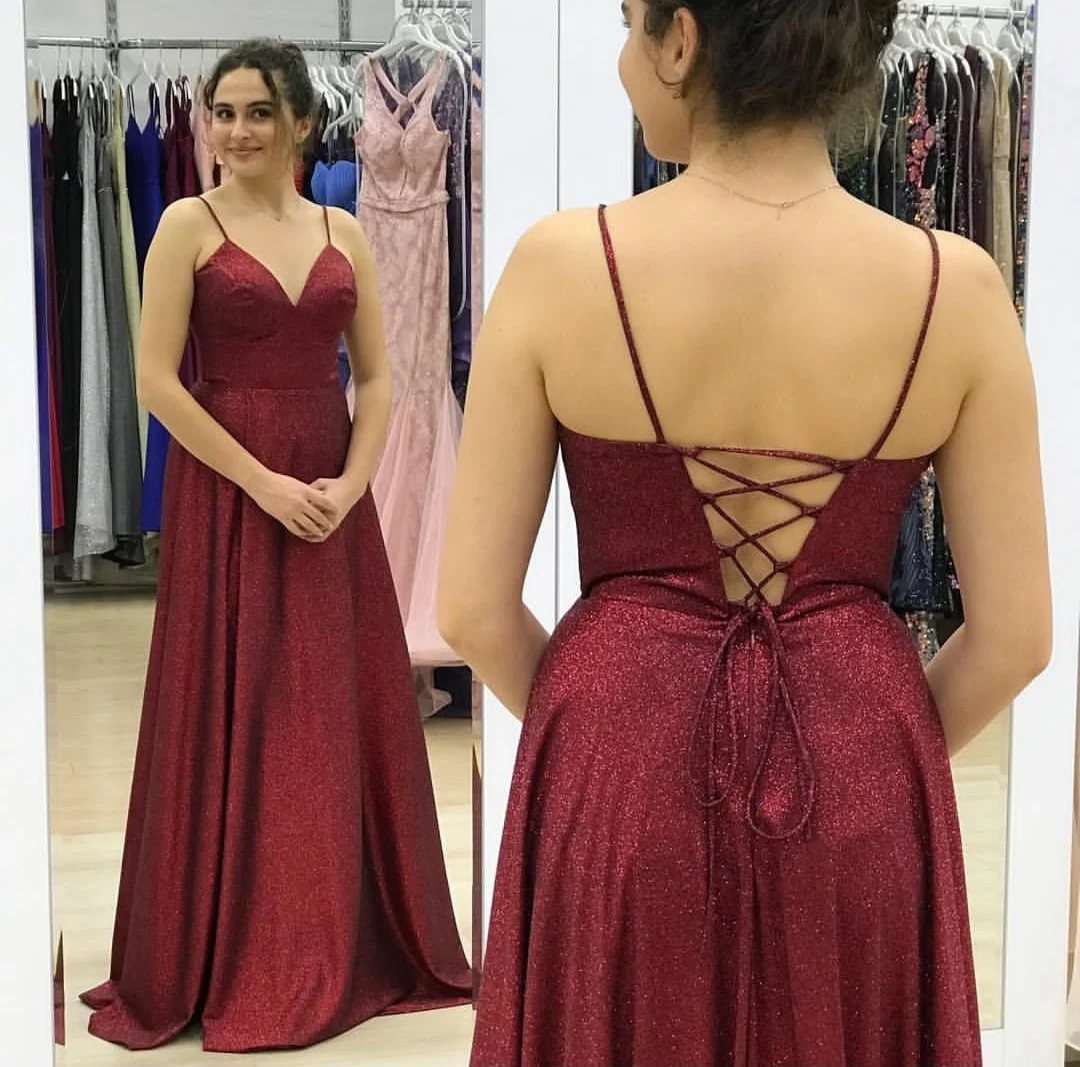 

Long Burgundy V-Neck Glitter Prom Dresses with Pockets A-Line Criss Cross Back Robe De Soiree Floor Length Formal Party Gown