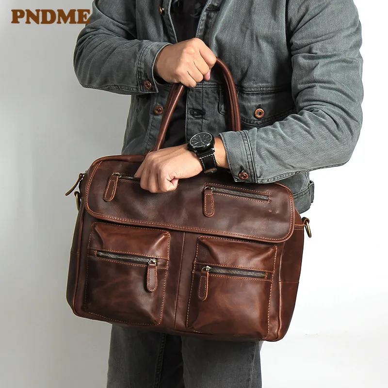 

PNDME vintage genuine leather men's briefcase crazy horse cowhide large capacity handbag travel laptop shoulder messenger bags