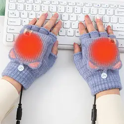 winter Electric heating gloves female style USB charging heating half-finger clamshell woolen knitted cartoon online warm gloves