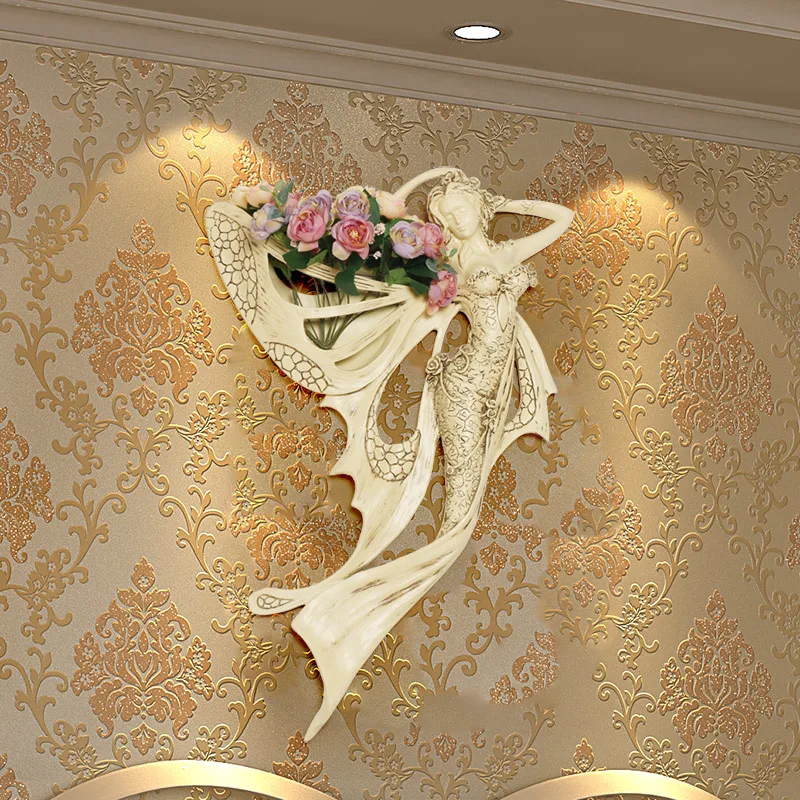 European Reisn Angel Character Wall Vase+ Artificial Flower Set Crafts Home Livingroom Wall Hanging Decoration Hotel Wall Mural
