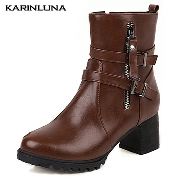 

Karinluna 2020 New Arrival On Sale women shoes Leisure Round Toe Square Thick Heels Buckle Straps Ankle Autumn Boots