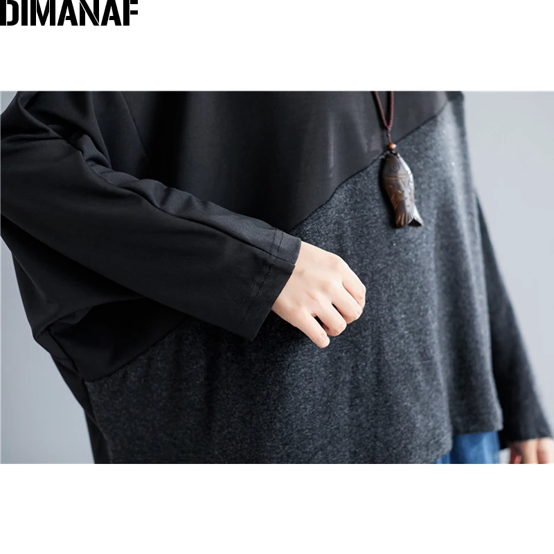 DIMANAF, женские футболки, женские топы, Весенняя женская одежда, базовая свободная туника с рукавом летучая мышь, рубашки размера плюс, Черная Новинка