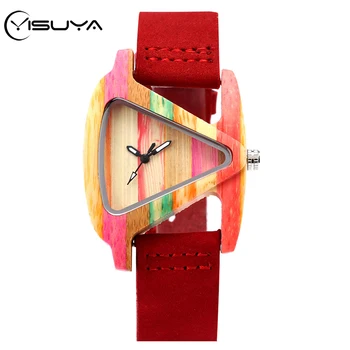 

YISUYA Exquise Triangle Dial Adorable Women Wood Watch Cute Hit Color Rainbow Lines Bamboo Wooden Lady Casual Wooden Wristwatch