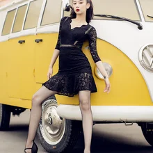 Черно-белое кружевное бальное платье с v-образным вырезом, юбка для латинских танцев, сексуальное танцевальное платье для танго для женщин, одежда для занятий Румба циакиа, B0223