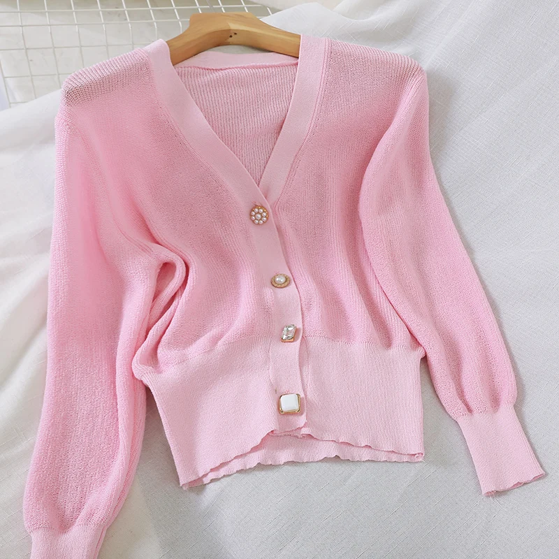 

New Solid Sweet Women Sweaters Pearls Button V Neck Crop Cardigans Korean Sueter Mujer Knitted Outwear